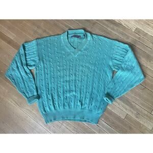 Vintage NORSPORT Sage Green V-Neck Cable Knit 100% Cotton Sweater Size XXL
